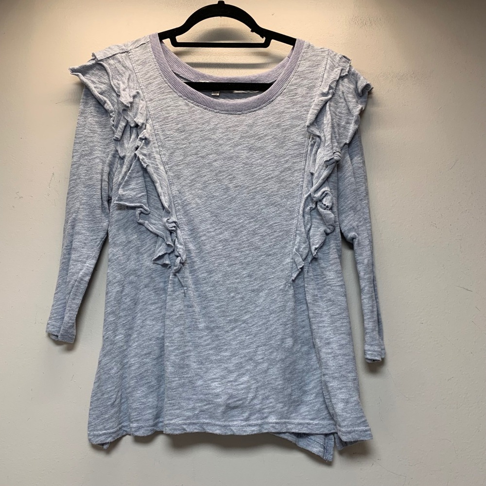 Seven7 Ruffle Trim Top Women Large Gray Excellent Slub Knit Long Sleeve 15293